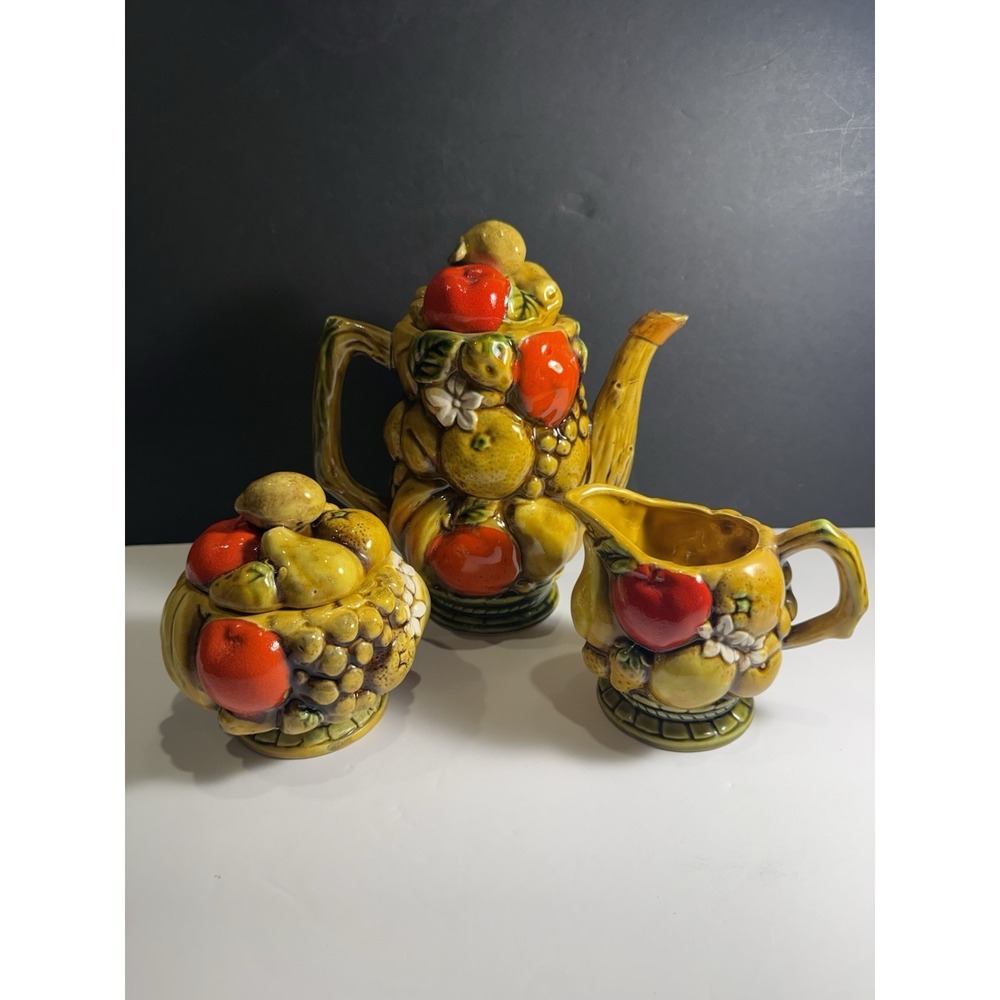 Vintage ARDCO Harvest Raised Fruit Teapot, Sugar Bowl & Creamer Set Japan